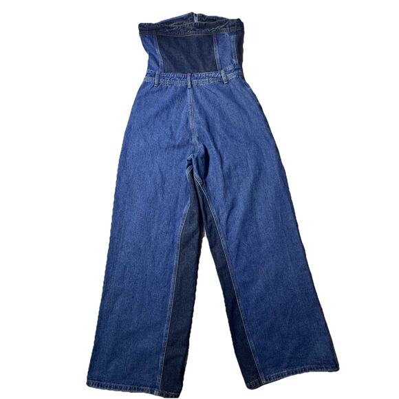 Nasty Gal Denim Wide Leg Patchwork Strapless Jumpsuit US 8 UK 12 Womens - Picture 6 of 7